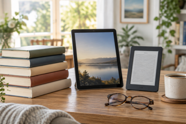 Un teanc de cărți tipărite lângă o tabletă și un e-reader pe o masă de lemn, cu ochelari și o cană de cafea, într-o cameră luminoasă