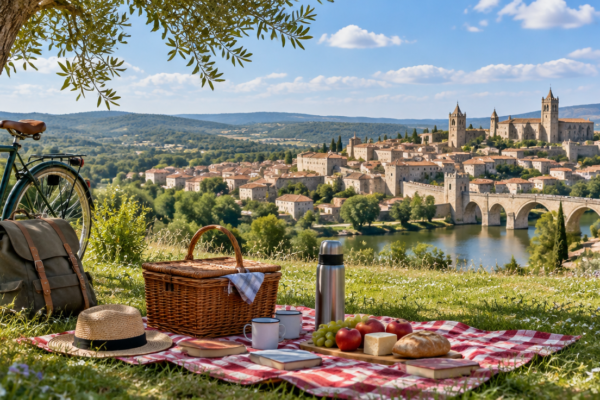 Picnic cu coș, termos și fructe pe o pătură, pe un deal verde deasupra unui oraș medieval, cu o bicicletă și un rucsac alături